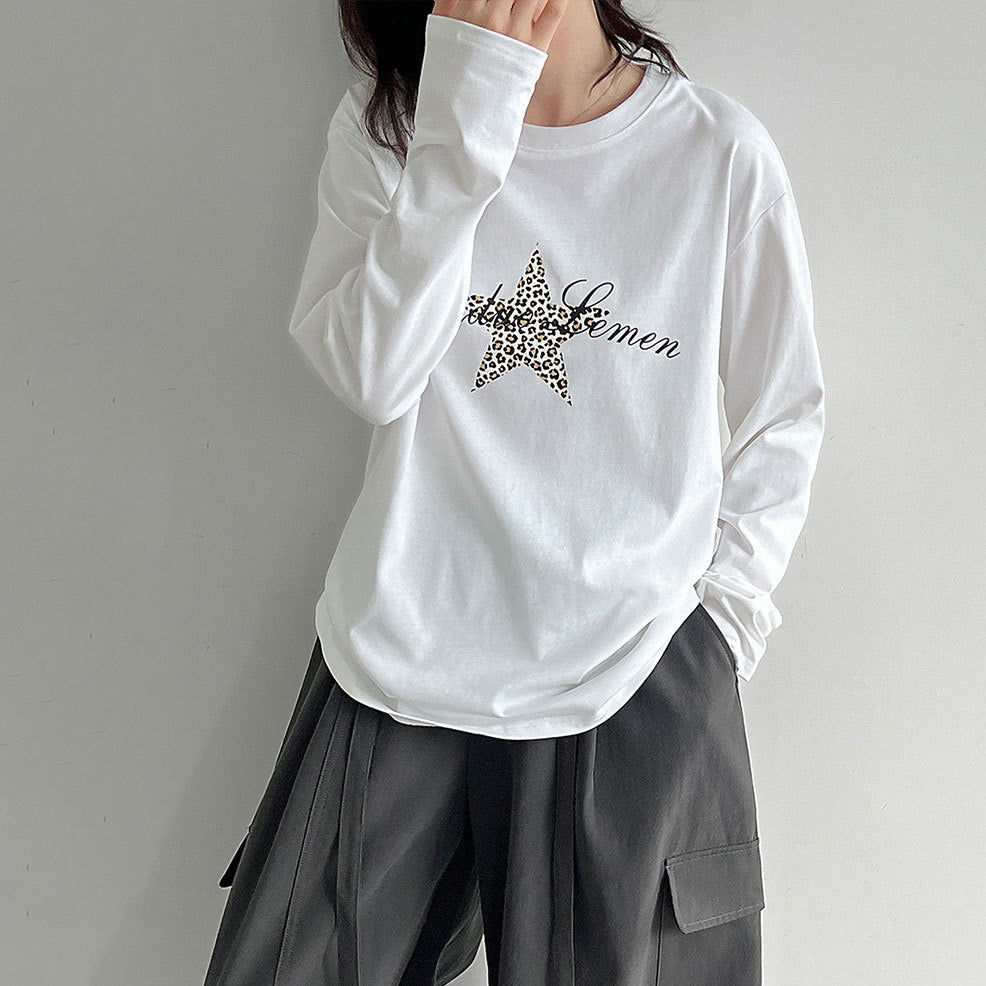 【トップス】レトロ豹柄星プリント長袖Tシャツ レディース 綿100％ 秋インナートップス【JZシリーズ】