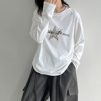 【トップス】レトロ豹柄星プリント長袖Tシャツ レディース 綿100％ 秋インナートップス【JZシリーズ】
