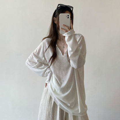 【トップス】Vネックリネン風ビッグTシャツ レディース ゆったり 長袖 UV対策 ミニマルコーデ【FCシリーズ】