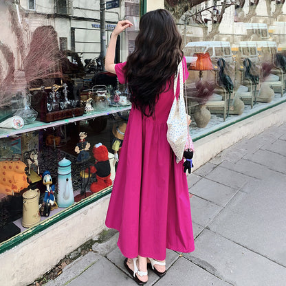 【ワンピース】魅力爆発 ドラゴンフルーツカラー切り替え 半袖ワンピース 若見え おしゃれ感満点