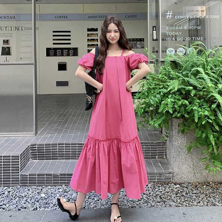 【ワンピース】おしゃれなリゾート風甘いゆったりオフショルダー半袖ワンピース