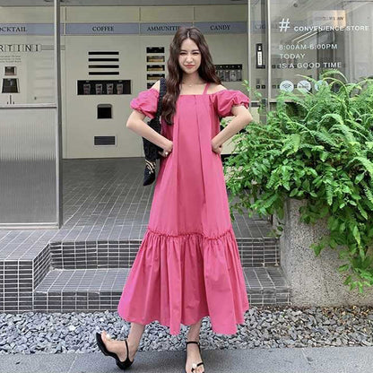 【ワンピース】おしゃれなリゾート風甘いゆったりオフショルダー半袖ワンピース