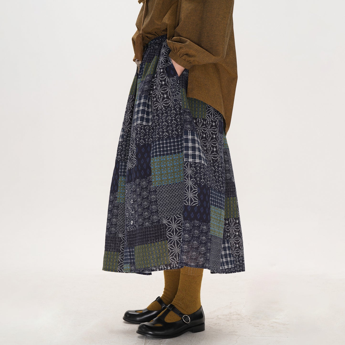 【ボトムス】レトロ 切替 スカート レディース 大きいサイズ ミディアム丈 Aライン フレアスカート チェック パッチワーク ロングスカート 初秋【SHシリーズ】【JZシリーズ】