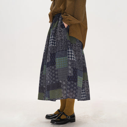 【ボトムス】レトロ 切替 スカート レディース 大きいサイズ ミディアム丈 Aライン フレアスカート チェック パッチワーク ロングスカート 初秋【SHシリーズ】【JZシリーズ】