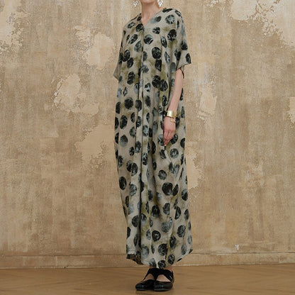 【ワンピース】ヴィンテージ風 ゆったり 大きめサイズ ロング丈 細見え 上品 半袖 ワンピース【SHシリーズ】