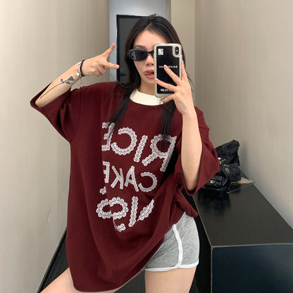 【トップス】リラックス感 小众デザイン 切り替えプリント 半袖Tシャツ【FCシリーズ】