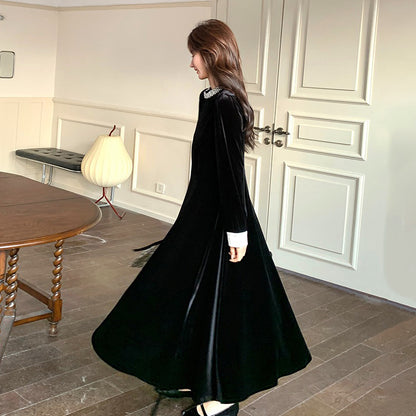 【ワンピース】💖高級感＆ロマンチック♡ヘップバーン風 ベルベット Aライン 長袖ワンピース【JZシリーズ】