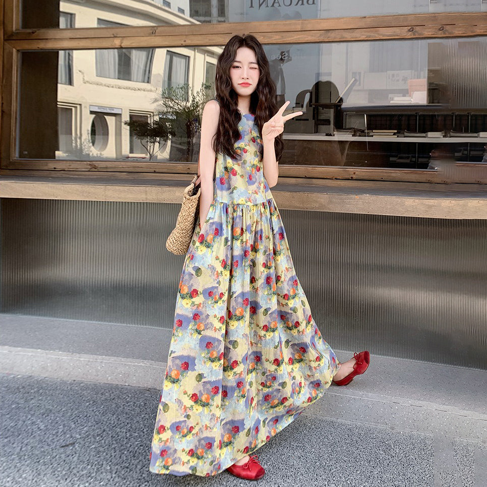 【ワンピース】夏 バカンス風 ロマンティック ドーパミン フラワープリント ノースリーブワンピース【SHシリーズ】