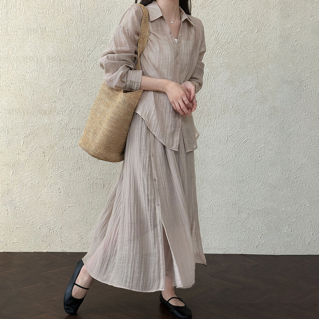 2点セット！【セットアップ】春新作 レディース プリーツシャツジャケット＋ロングスカート セットアップ ラフスタイル カジュアル 2点上下セット【JZシリーズ】