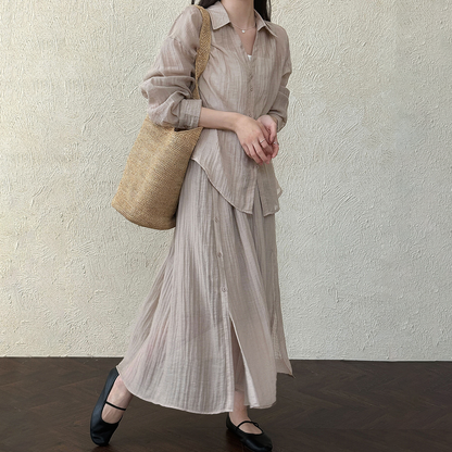 2点セット！【セットアップ】春新作 レディース プリーツシャツジャケット＋ロングスカート セットアップ ラフスタイル カジュアル 2点上下セット【JZシリーズ】