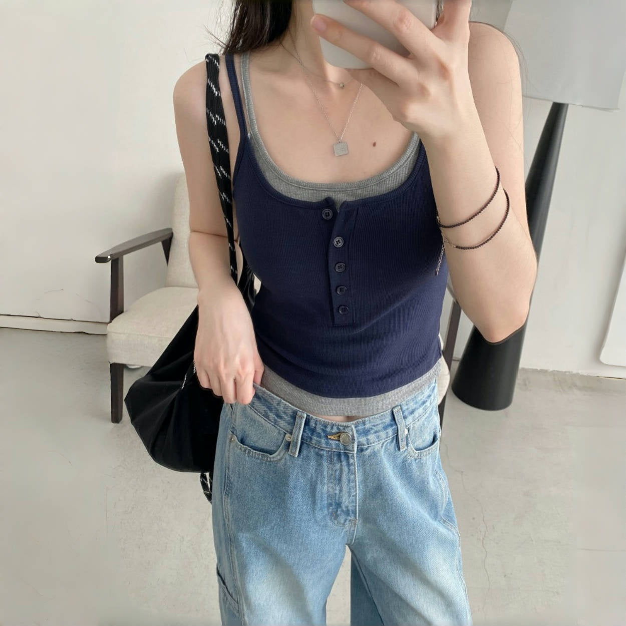 【トップス】夏 フェイクレイヤード パッド付き 着痩せ効果 タンクトップ 【FCシリーズ】