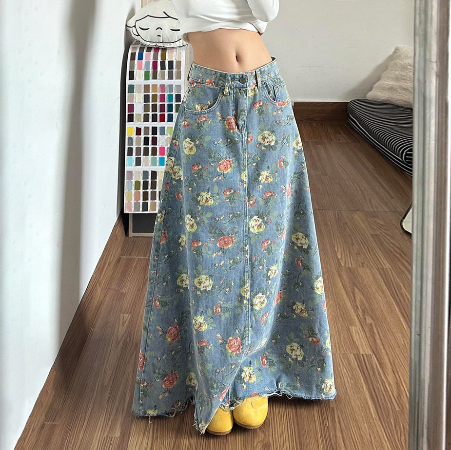 【ボトムス】花柄 アメリカンガール デザイン感 総柄フラワー デニムスカート ヴィンテージ ロング丈 着痩せ レディース【SHシリーズ】