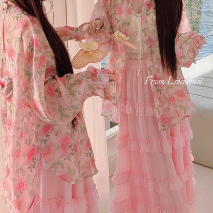 【アウター】UVカット フラワーシャツアウター 春夏 韓国風 ゆったり バックスリットデザイン【SHシリーズ】