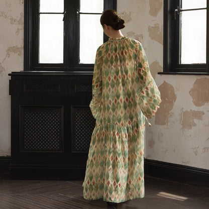 【ワンピース】【30-35日内発送】フレンチ レトロ プリント パフスリーブワンピース ゆったり Vネック 長袖ワンピース【SHシリーズ】