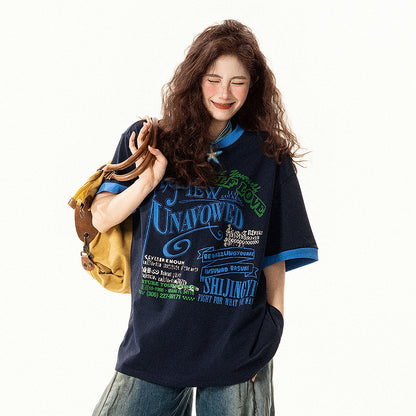 【トップス】アメリカンレトロ ロゴプリント 半袖Tシャツ レディース 夏 ゆったり デザイン感 バイカラー ラウンドネック【FCシリーズ】【15〜20日発送】