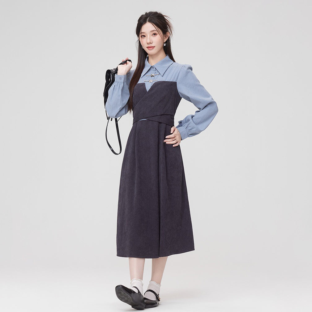 【ワンピース】秋新作 文芸風 フェミニン 個性派 ドッキング風 ウエストマーク 長袖ワンピース【JZシリーズ】