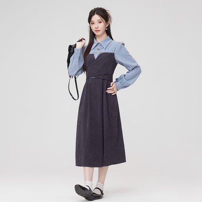 【ワンピース】秋新作 文芸風 フェミニン 個性派 ドッキング風 ウエストマーク 長袖ワンピース【JZシリーズ】