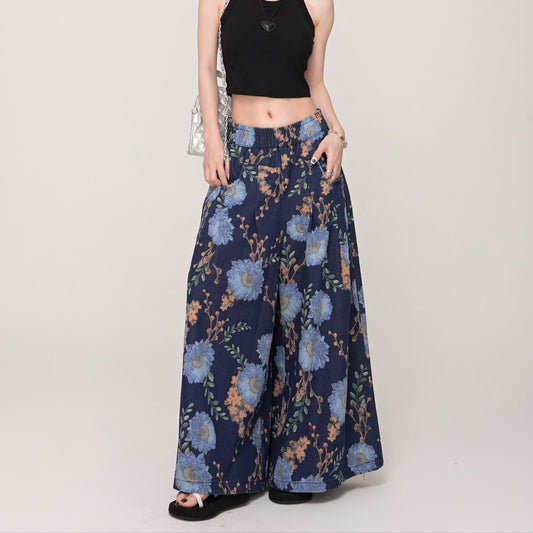 【ボトムス】ロマンチックムード ゆったりカジュアル 花柄デニムパンツ 蒼蘭花ワイドパンツ【SHシリーズ】