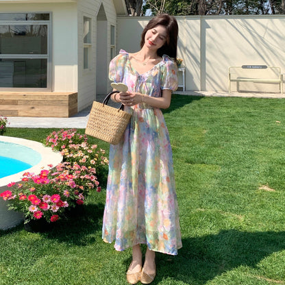 【ワンピース】フラワープリント パフスリーブワンピース レディース 夏 フレンチ Vネック ティアード ロング丈 上品 半袖【SHシリーズ】