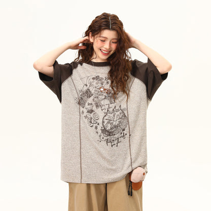 【トップス】ストリート系 Tシャツ レディース 半袖 ラグランスリーブ 配色デザイン ゆったり ワイドシルエット 夏 カジュアル おしゃれ 着回し【FCシリーズ】