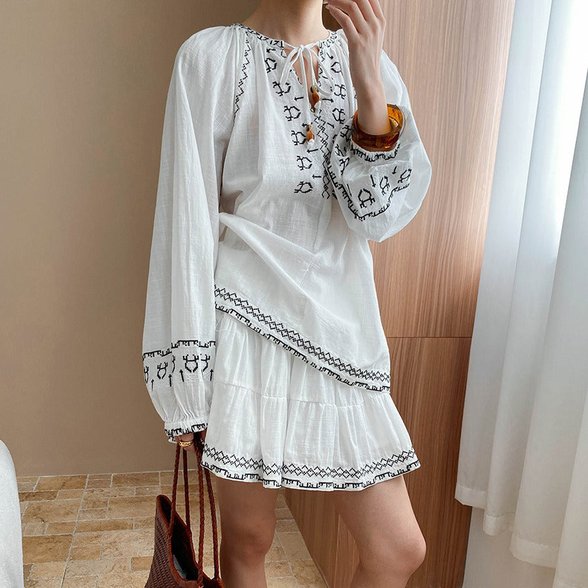 2点セット!【セットアップ】初秋新作 民族風刺繍トップス ブラウス＋ミニスカート 上下セット｜ゆったりシルエット レディース【SHシリーズ】