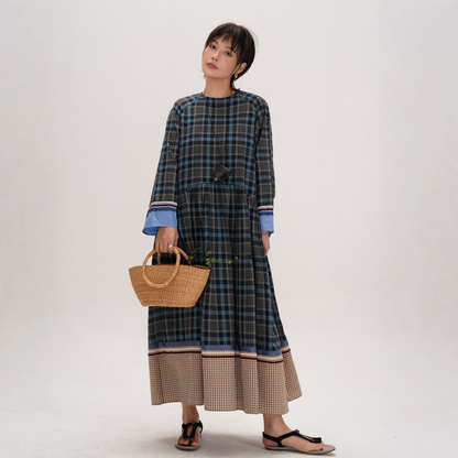 【ワンピース】レトロチェック柄 ナチュラル文芸風 クルーネック 長袖 ワンピース 【JZシリーズ】