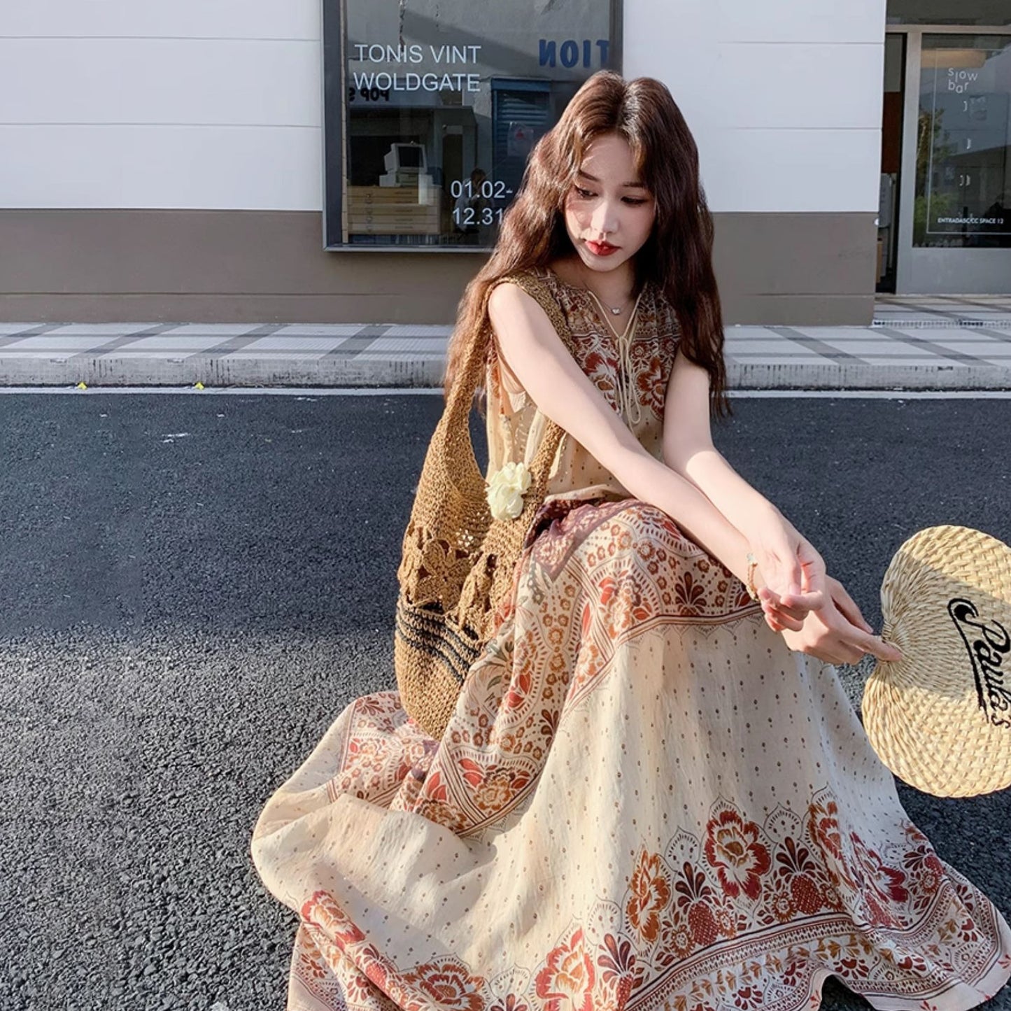 【ワンピース】フレンチヴィンテージ 花柄ボヘミアンワンピース ゆったり 夏新作 ノースリーブワンピース【SHシリーズ】