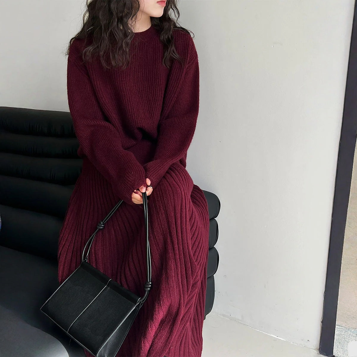 【セットアップ】春 秋 冬 クルーネック セーター + ハイウエスト  細見え プリーツスカート 2点セット 【JZシリーズ】