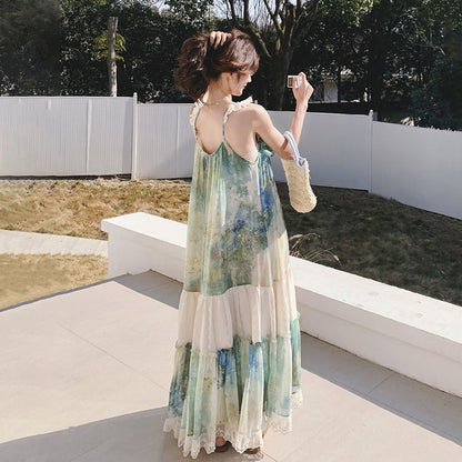 【ワンピース】フレンチヴィンテージ 森系 ビーチリゾートワンピース 油絵風 ノースリーブキャミワンピース【SHシリーズ】