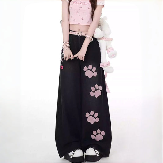 【ボトムス】猫の肉球 刺繍 海外トレンド 合わせやすい ワイドパンツ【FCシリーズ】