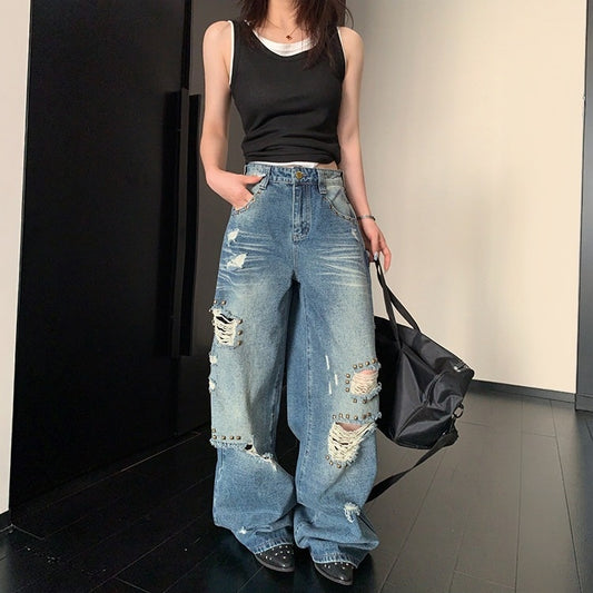 美式復古鉚釘牛仔寬褲｜破洞設計街頭休閒牛仔褲