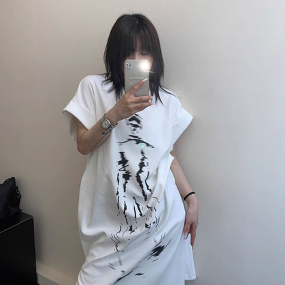 【ワンピース】夏新作 ミステリアス人物アート ロング丈 半袖 Tシャツワンピース【FCシリーズ】