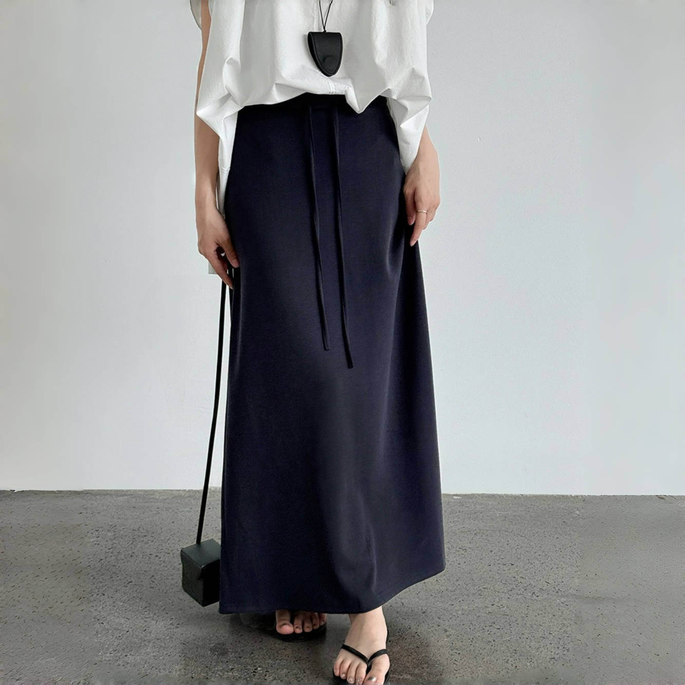 【ボトムス】夏  ハイウエスト Aライン ドローコード ロング スカート 【SNシリーズ】