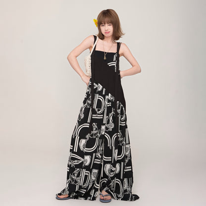 【ボトムス】ミュージックムード漂う Vネックサロペット ゆったりオーバーサイズ 春夏新作 ワイドパンツオールインワン【SHシリーズ】