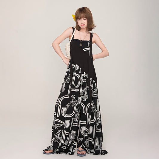 【ボトムス】ミュージックムード漂う Vネックサロペット ゆったりオーバーサイズ 春夏新作 ワイドパンツオールインワン【SHシリーズ】