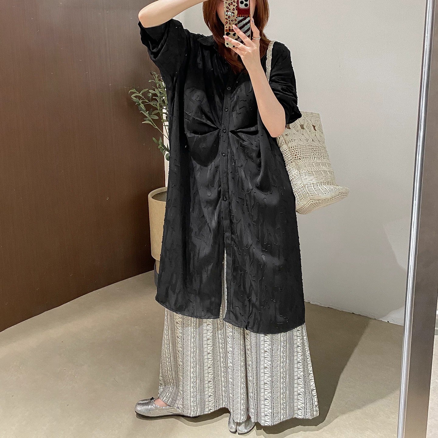 【ワンピース】文芸スタイル プリーツデザイン 立体花柄 長袖 薄手 UVカット シャツワンピース【JZシリーズ】