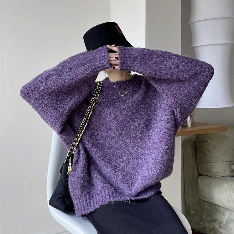 【トップス】シンプル ラフ サークルフリース ふわふわ ゆったり 丸首 プルオーバー ニット パープル レディース【JZシリーズ】