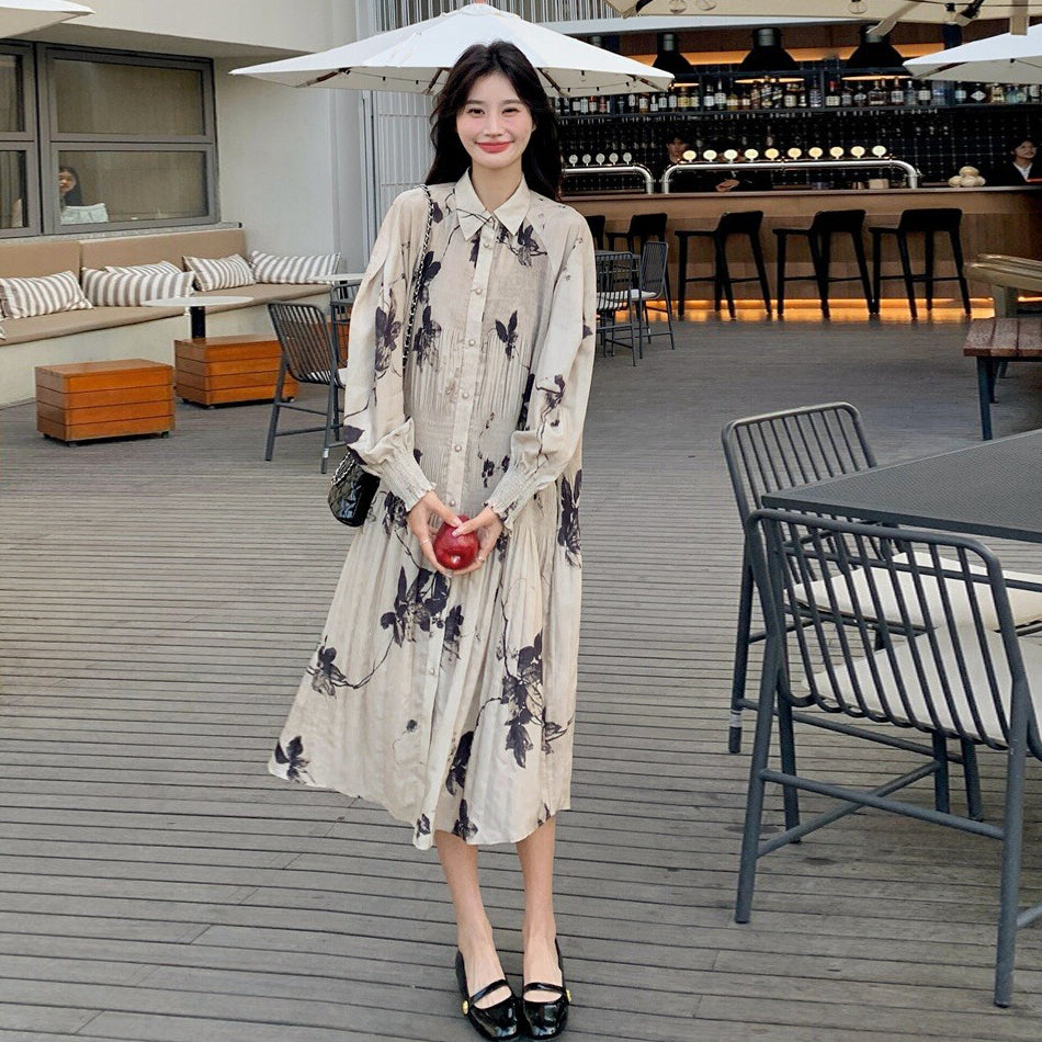 【ワンピース】新中華風 水墨花柄 長袖ワンピース レディース ハイウエスト Aライン トレンド【SHシリーズ】