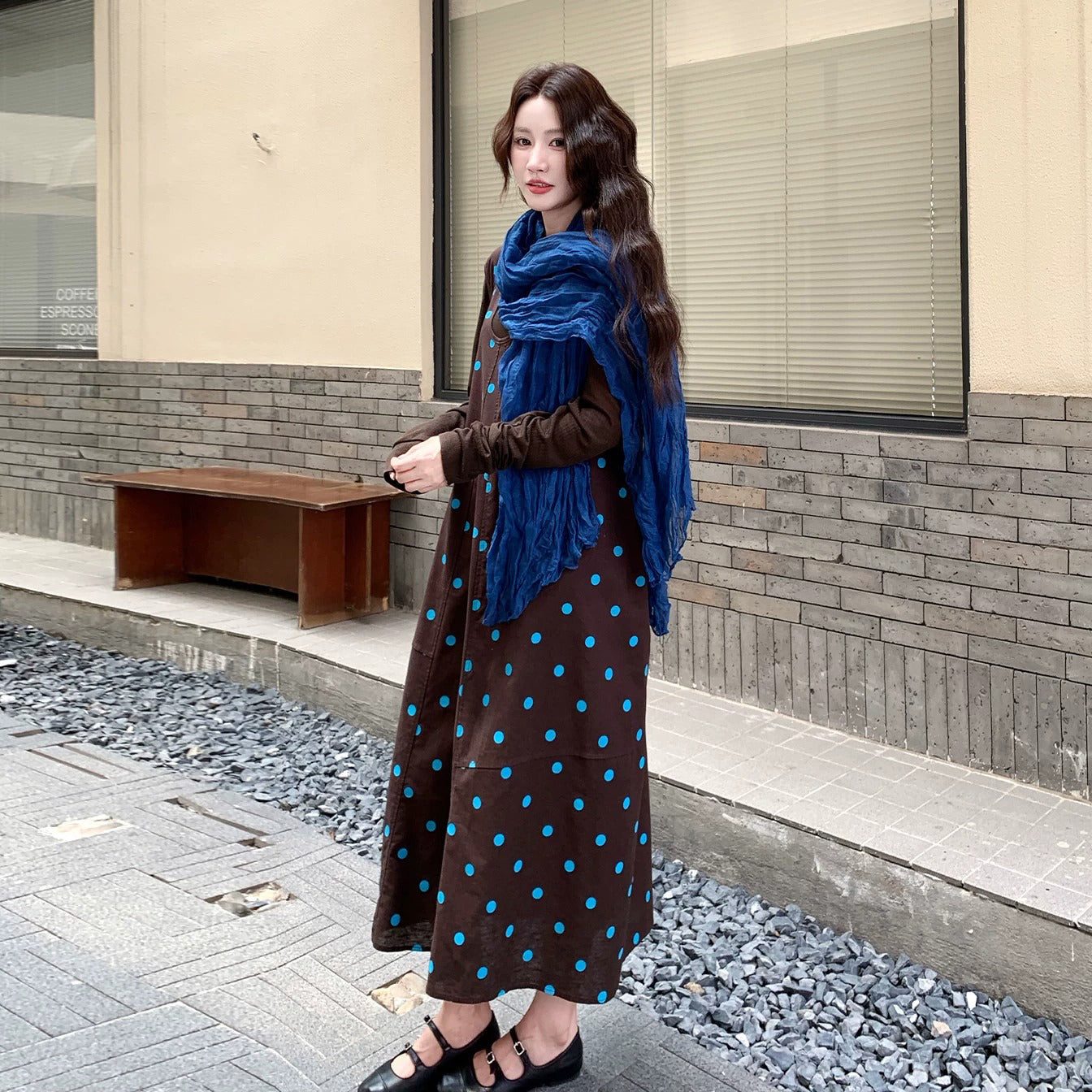 2点セット！【セットアップ】レトロドット柄ワンピース＆インナー2点セット レディース ゆったり リラックス ロング丈 秋コーデ【SHシリーズ】
