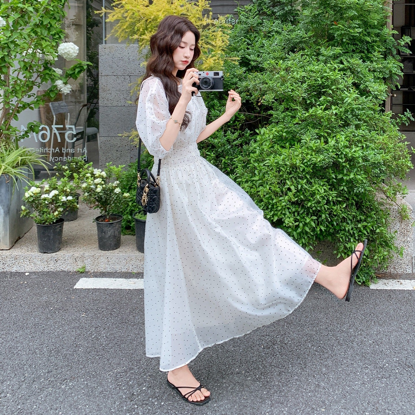 【ワンピース】韓国風 水玉ワンピース レディース ホワイト ミディ袖 重ね着風 デザイン性 上品 フェミニンワンピース【JZシリーズ】