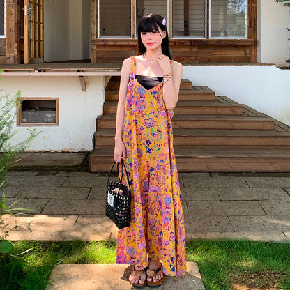 【ボトムス】アート油彩柄 サロペット レディース オールインワン 夏 Vネック ワイドパンツ ゆったり 体型カバー 涼しげ 着痩せ 上品 モード カジュアル【SHシリーズ】