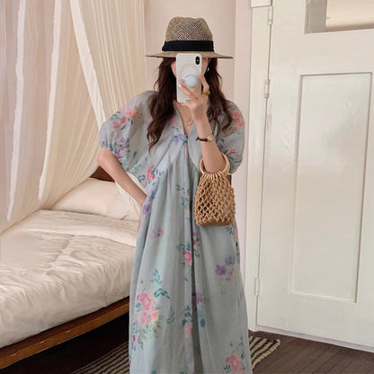 【ワンピース】リゾート風 Vネック シャーリング パフスリーブ 半袖 フラワーワンピース 夏新作 レトロロマンチック Aラインロングドレス レディース【SHシリーズ】