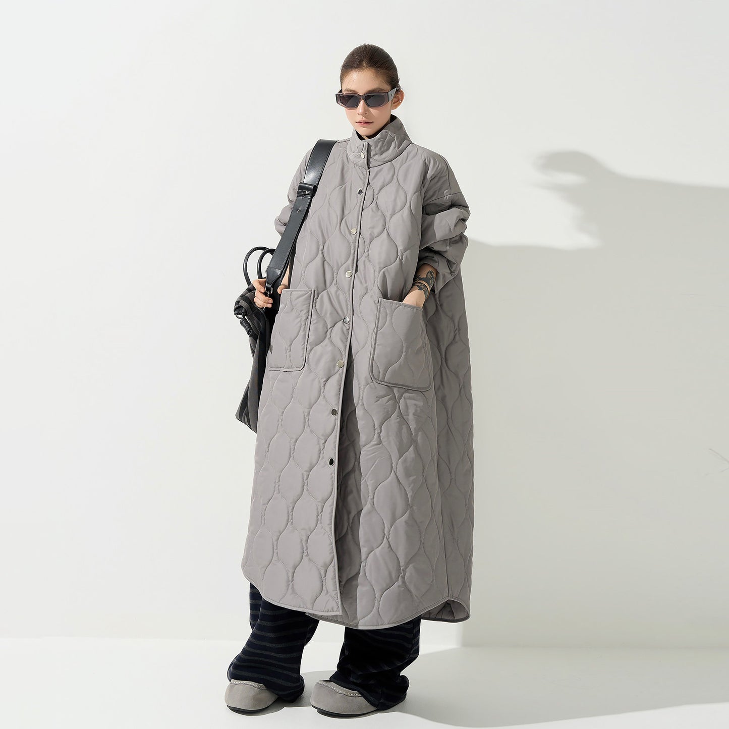 【アウター】ダイヤ柄 ハイネック 中綿ジャケット レディース 秋冬 韓国風 ゆったり あったか ロング丈 綿入れコート【シリーズ】