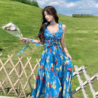 【ワンピース】リゾートワンピース レディース 夏 ブルー花柄 シフォン ノースリーブ Vネック ウエストマーク ロング丈【SHシリーズ】