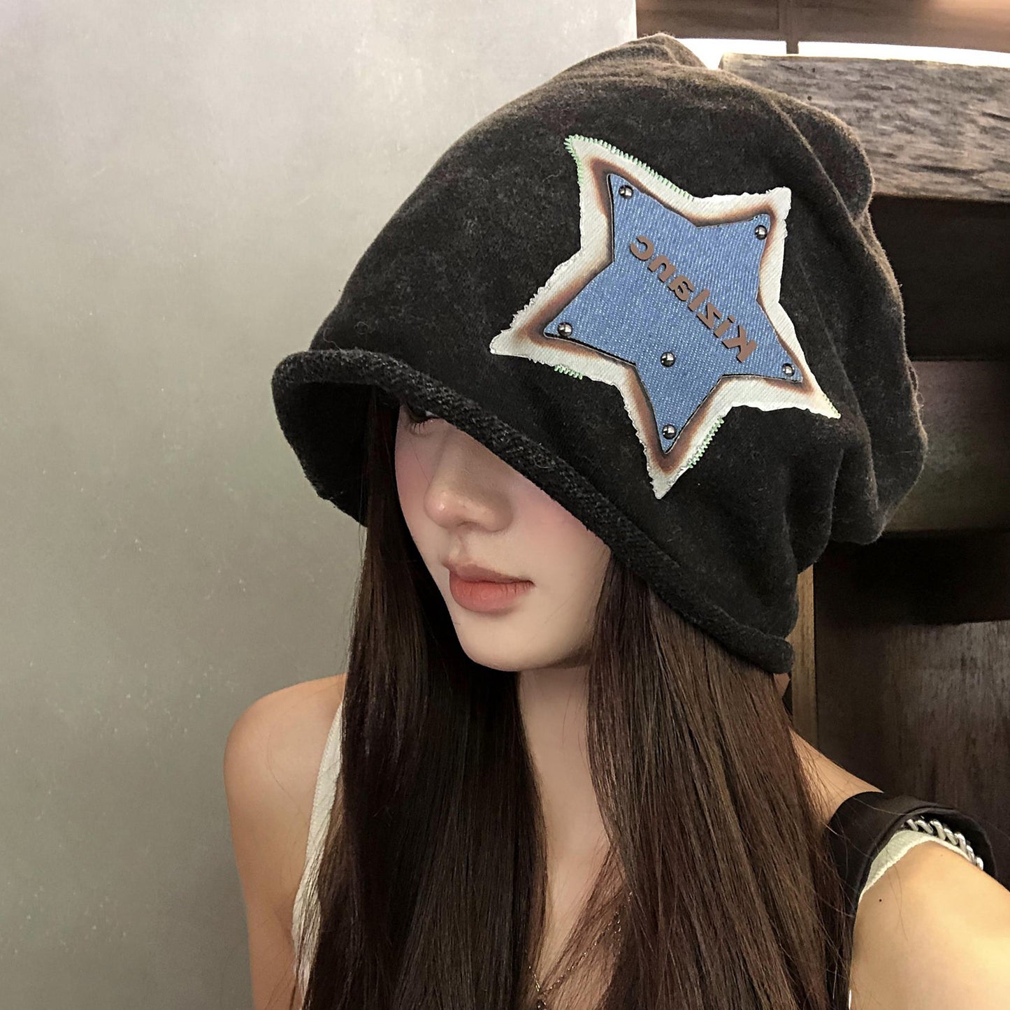 【グッズ】アメリカンレトロ ⭐星柄 ニットキャップ 秋冬 大きめサイズ 小顔効果 レディース ハット