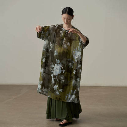 【トップス】シャツ レディース 水墨花柄 シフォン ロングシャツ 長袖 UVカット 羽織り ゆったり【JZシリーズ】【SHシリーズ】【10～15日内発送】