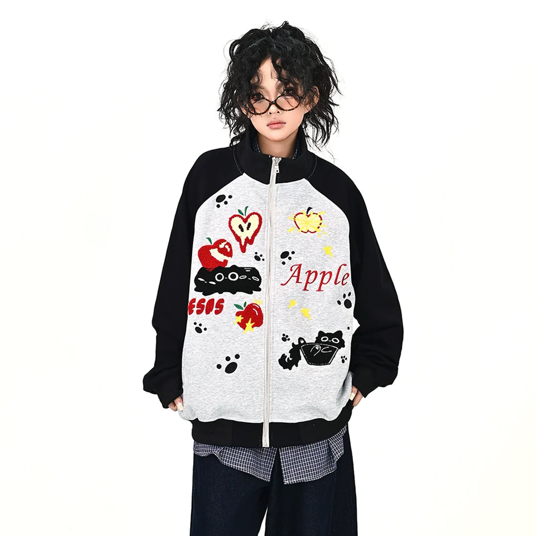 【アウター】アメリカンレトロ プリント アップル キャット 男女兼用 ジャケット【FCシリーズ】
