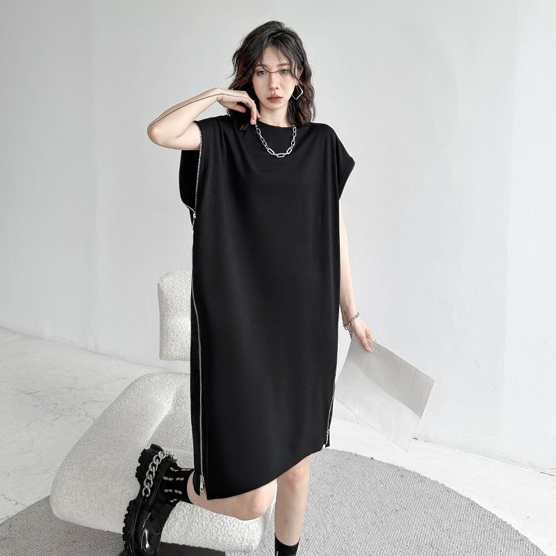 【ワンピース】ダークスタイル サイドジッパー 半袖Tシャツワンピース レディース 夏新作 ゆったり細見え ファッション カジュアルワンピース【AHシリーズ】