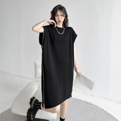 【ワンピース】ダークスタイル サイドジッパー 半袖Tシャツワンピース レディース 夏新作 ゆったり細見え ファッション カジュアルワンピース【AHシリーズ】