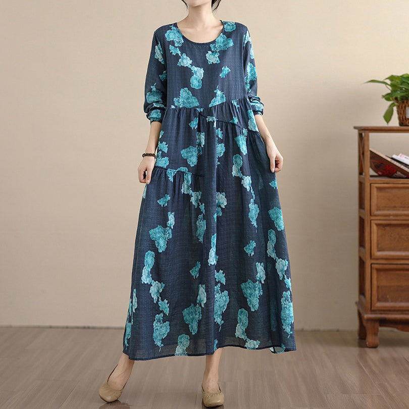 【ワンピース】レトロ 花柄プリント 長袖 ロング Aライン ゆったり 裾フレア ワンピース【SHシリーズ】